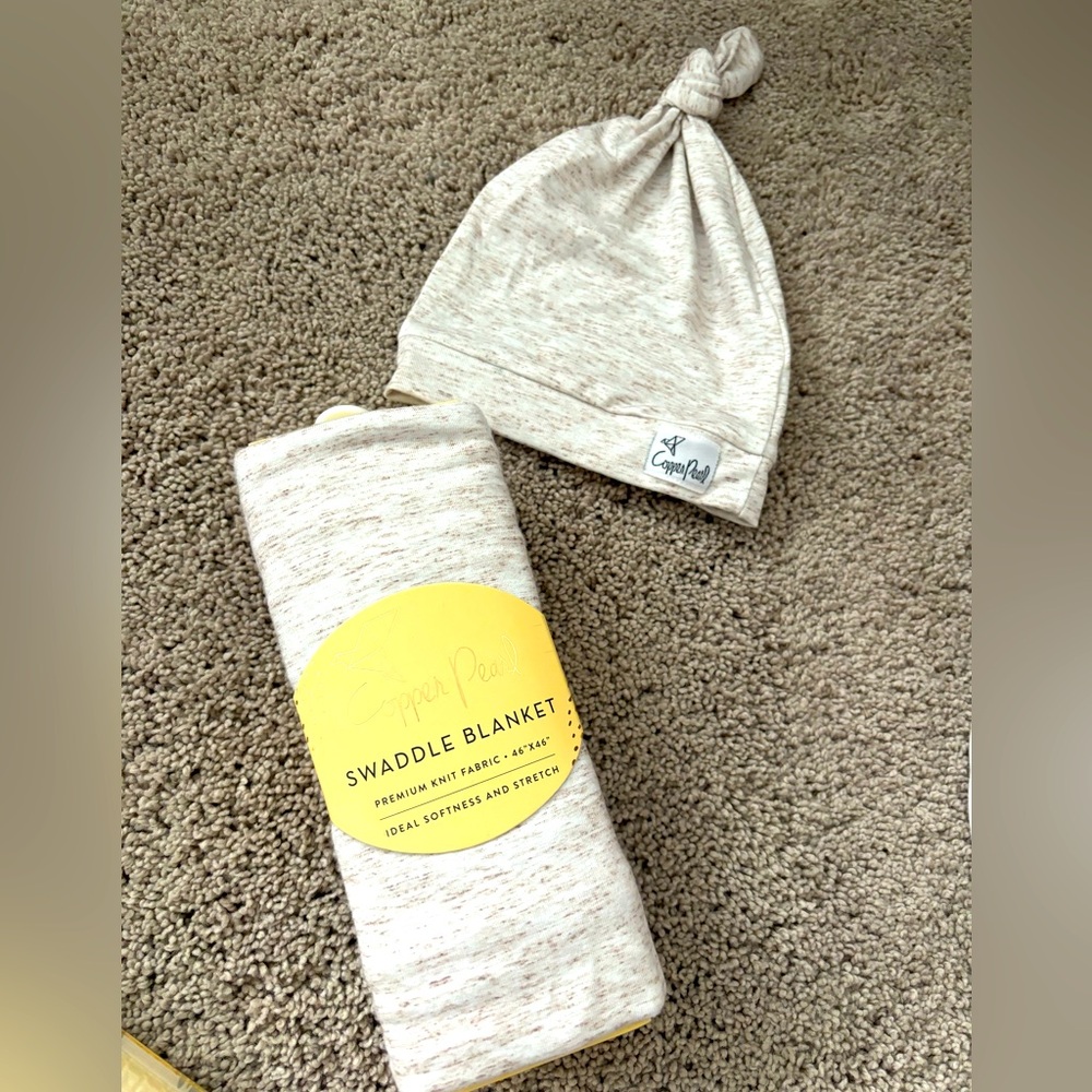 Copper pearl oat swaddle and top knot hat! Never used! Brand new!